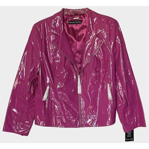 New Pamela McCoy Raspberry Pink Full Zip Pockets Patent Rain Jacket - Picture 1 of 8